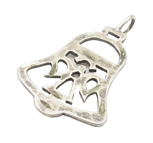 925 Sterling Silver  Vintage Dark Tone Cutout Ribbon Bell Pendant  PT8739