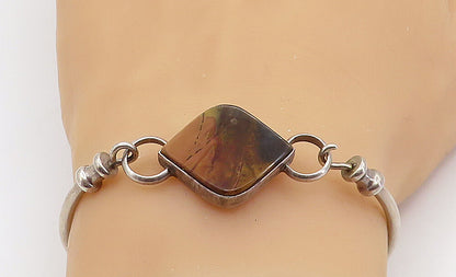 925 Sterling Silver  Vintage Brown Jasper Round Hook Bangle Bracelet  BT3168
