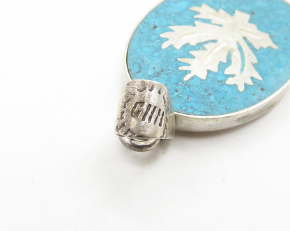 MEXICO 925 Silver  Vintage Inlaid Turquoise Floral Leaf Pendant  PT15452