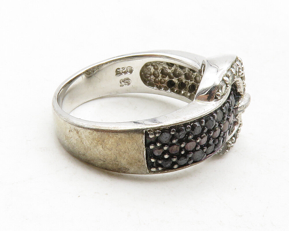 925 Sterling Silver  Black Hematite & Topaz Belt Buckle Band Ring Sz 6 RG12959