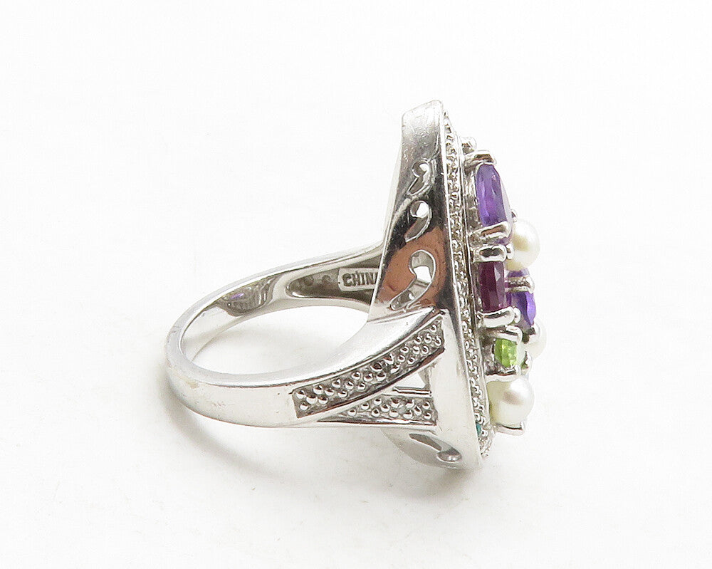 925 Silver Pearls Genuine Diamonds & Multi Stone Cocktail Ring Sz 6 RG13217