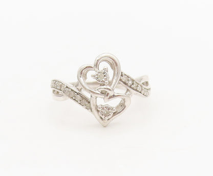 925 Silver Vintage Connected Hearts Of Diamonds Swirly Band Ring Sz 7  RG26868