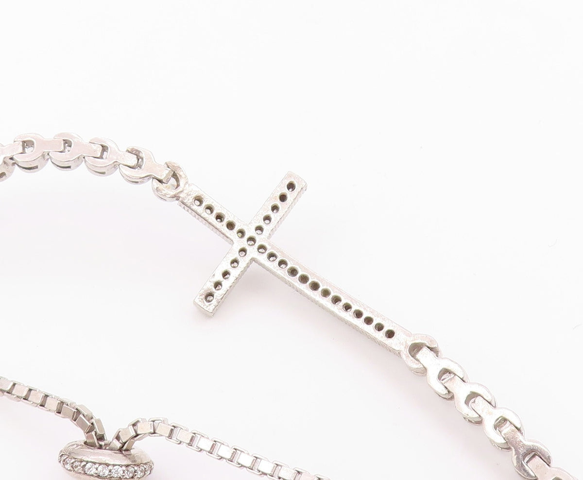 925 Silver  Vintage Cubic Zirconia Religious Cross Chain Bracelet  BT8355