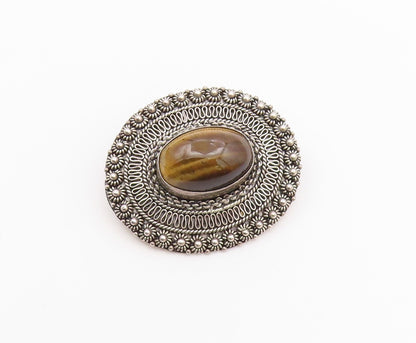 ISRAEL 925 Sterling Silver  Vintage Cabochon Tiger's Eye Brooch Pin  BP7901