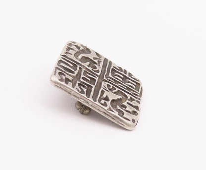 925 Sterling Silver Vintage Brooch Pin Solid Square Etched Trible Design BP10759