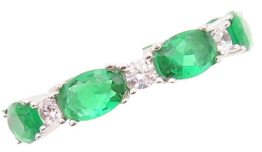 925 Sterling Silver Vintage Ring Oval Cut Green & White CZ 360 Band Sz 7 RG30513