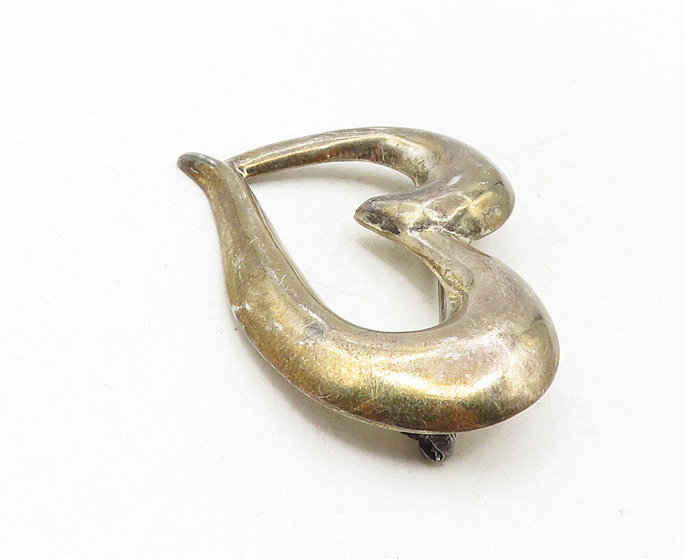 925 Sterling Silver  Vintage Shiny Smooth Open Love Heart Brooch Pin  BP3513