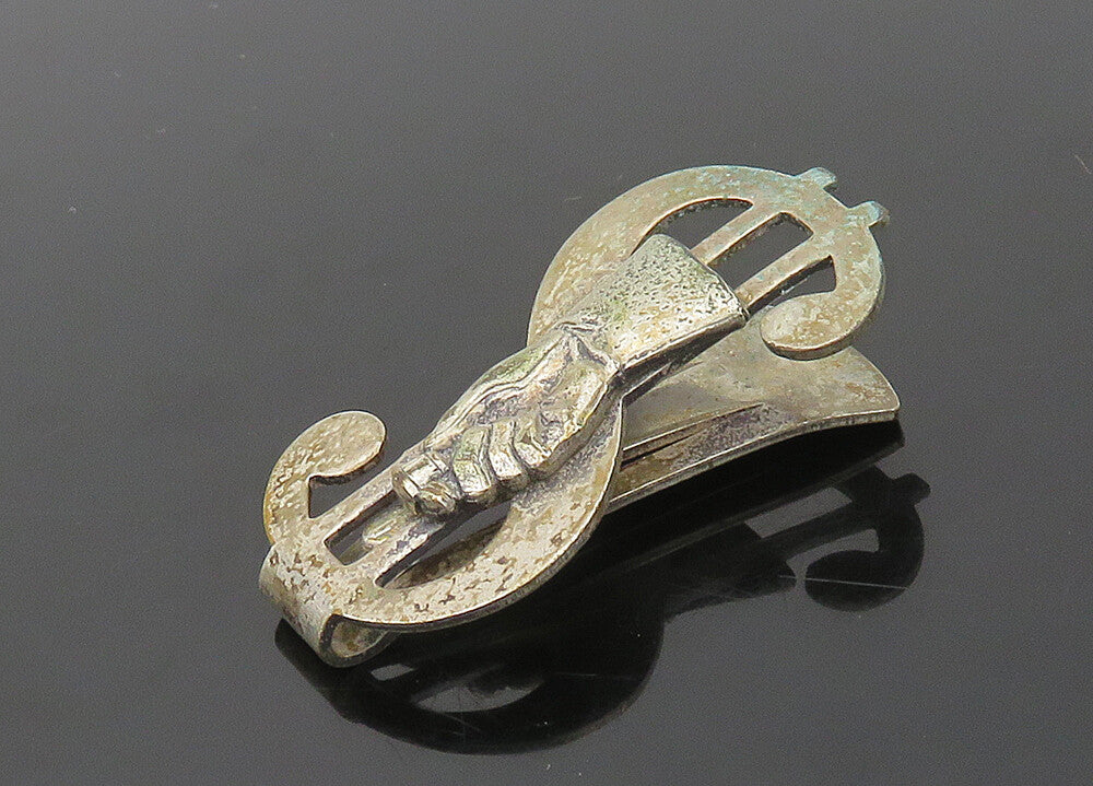 925 Sterling Silver  Vintage Rustic Dollar Sign And Hand Money Clip  TR2711