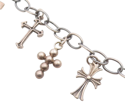 925 Sterling Silver Vintage Bracelet MEXICO Religious Cross Charms Link  BT11866