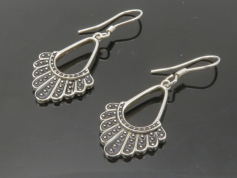 925 Sterling Silver  Vintage Shiny Two Tone Fan Design Drop Earrings  EG7300