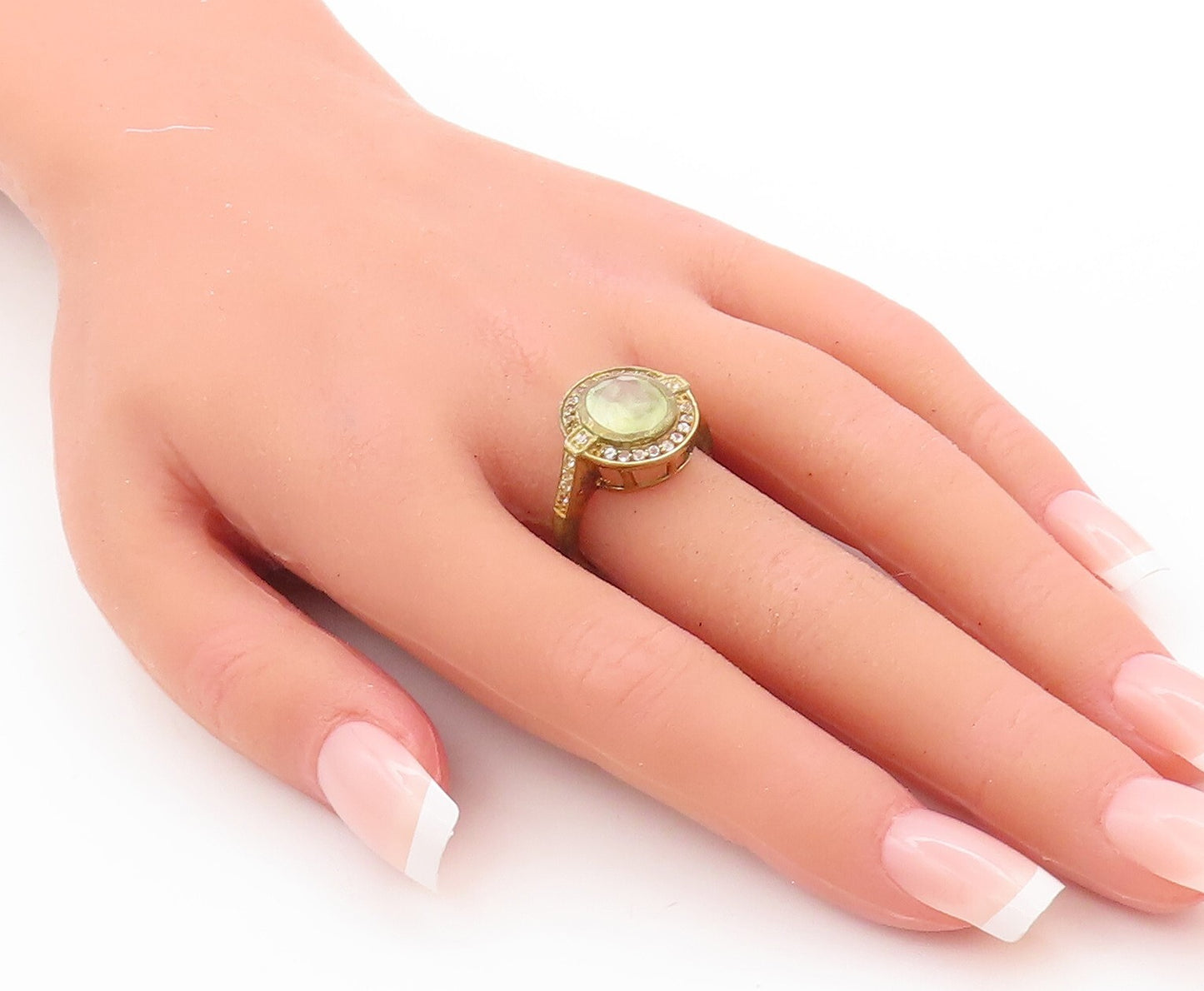 925 Sterling Silver Vintage Ring Gold Plated Green Gemstone & CZ  Sz 7  RG29818