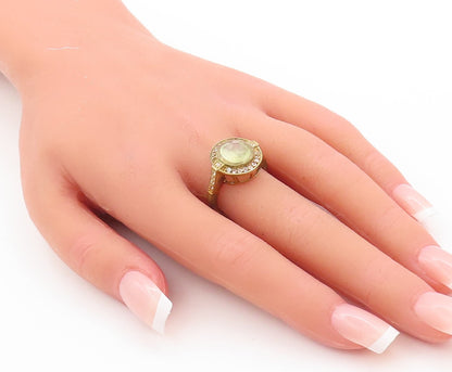 925 Sterling Silver Vintage Ring Gold Plated Green Gemstone & CZ  Sz 7  RG29818