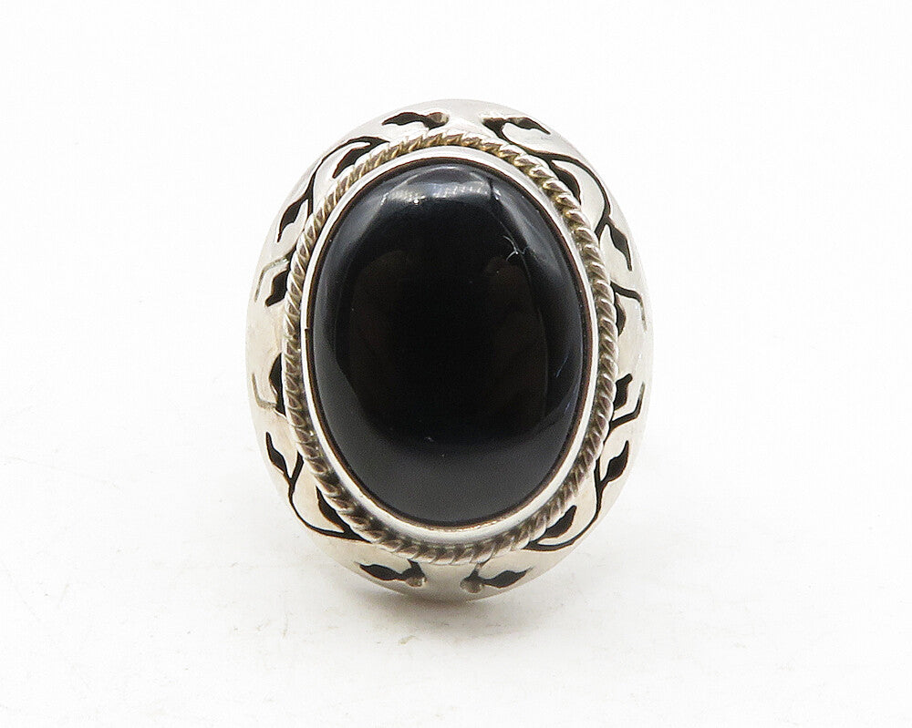 MEXICO 925 Silver  Vintage Black Onyx Floral Vine Cocktail Ring Sz 6.5 RG12171