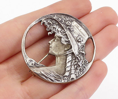 925 Sterling Silver  Vintage Dark Tone Woman's Profile Round Brooch Pin BP1513