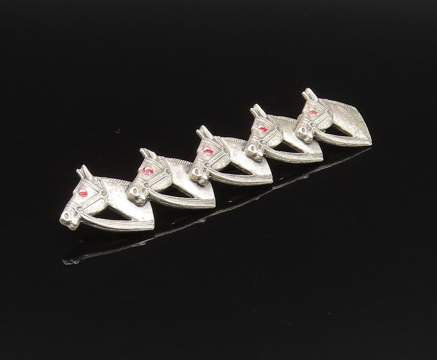 925 Silver  Vintage Antique Five Horse Heads & Enamel Eyes Brooch Pin  BP9702