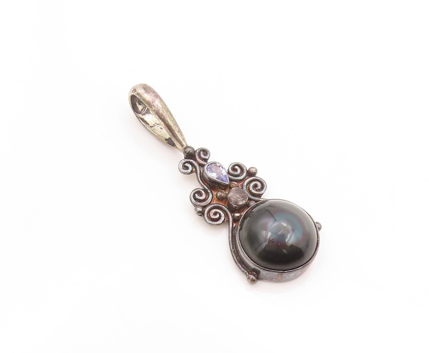 925 Sterling Silver Vintage Pendant SAJEN Antique Onyx & Amethyst  PT23946