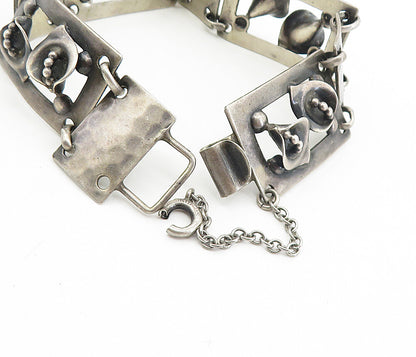 925 Sterling Silver Vintage Oxidized Flower Square Link Chain Bracelet BT3781