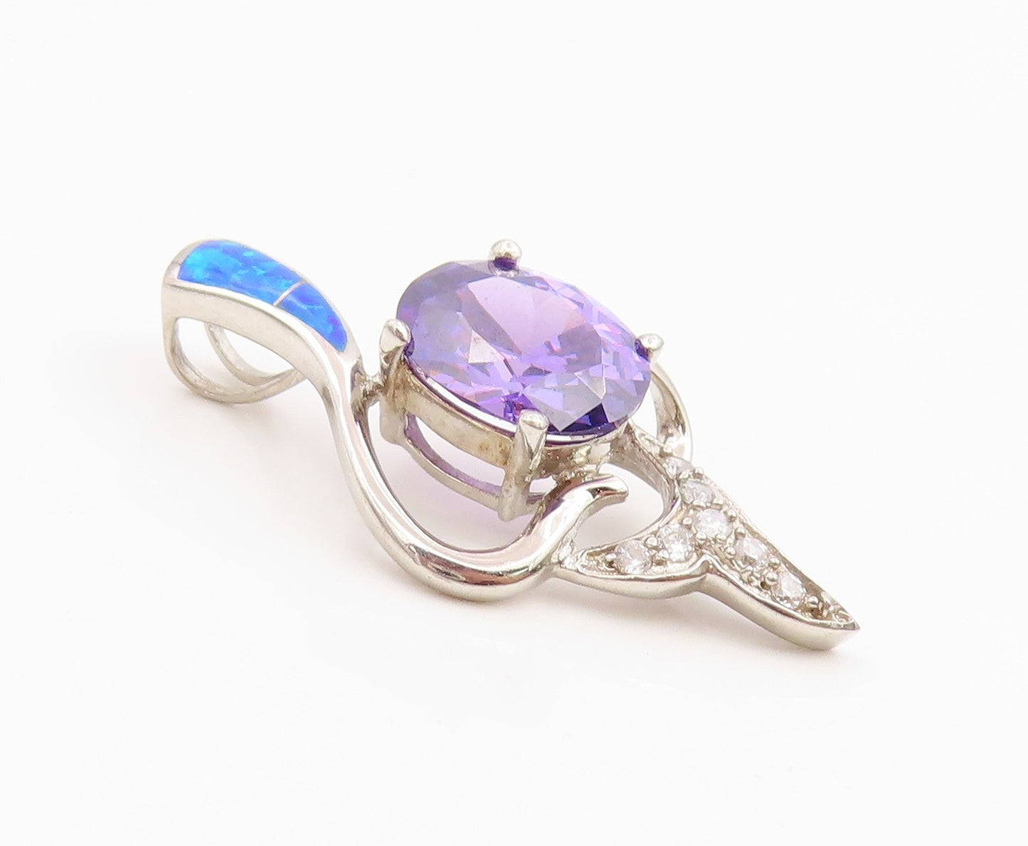 925 Sterling Silver Vintage Pendant Amethyst & Fire Opal Inlay Drop  PT25989
