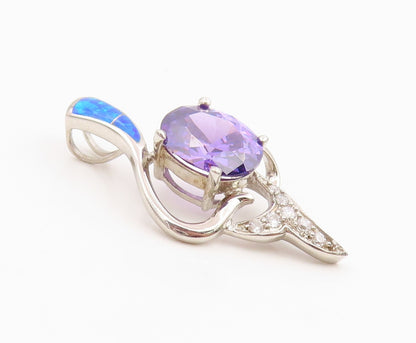 925 Sterling Silver Vintage Pendant Amethyst & Fire Opal Inlay Drop  PT25989