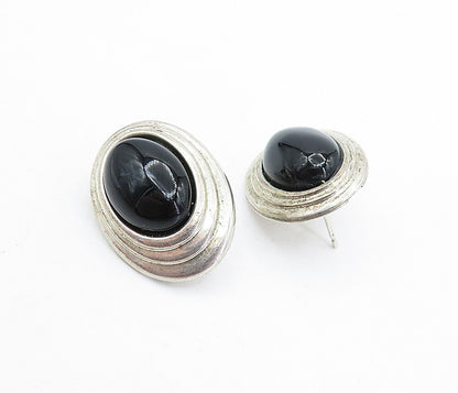 925 Sterling Silver Vintage Cabochon Cut Black Onyx Drop Earrings EG2855