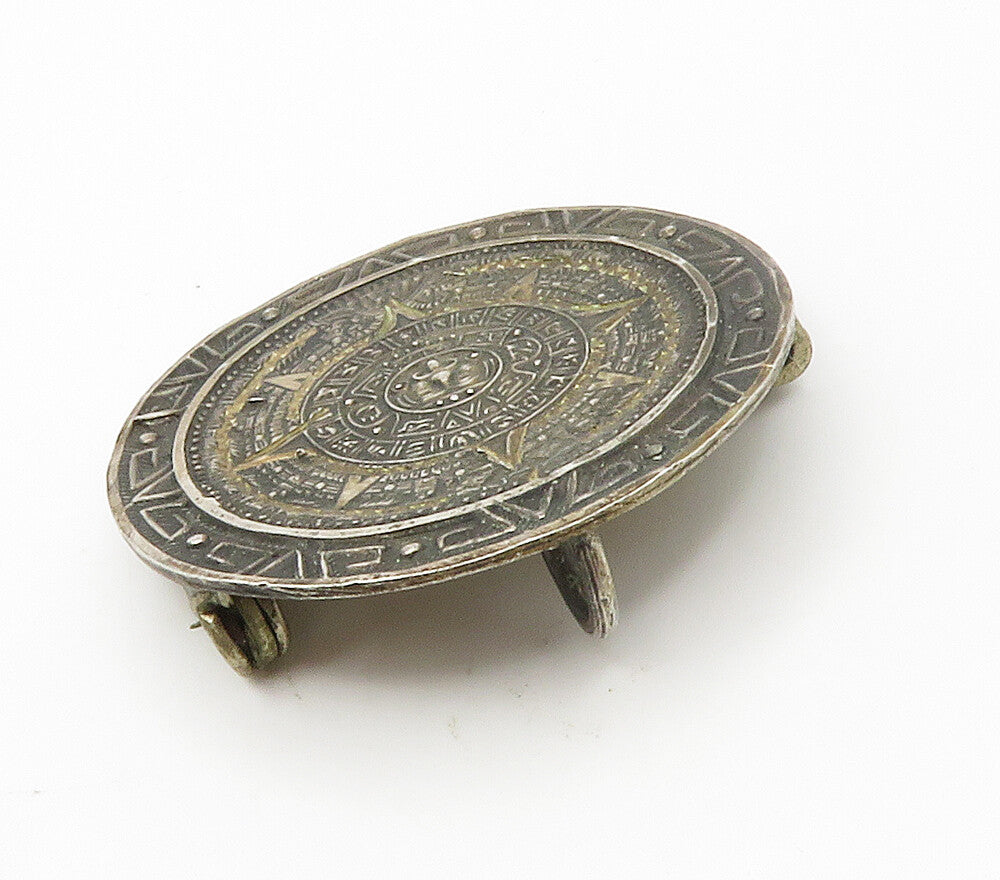 MEXICO 925 Sterling Silver  Vintage Mayan Aztec Sun Calendar Brooch Pin BP5849