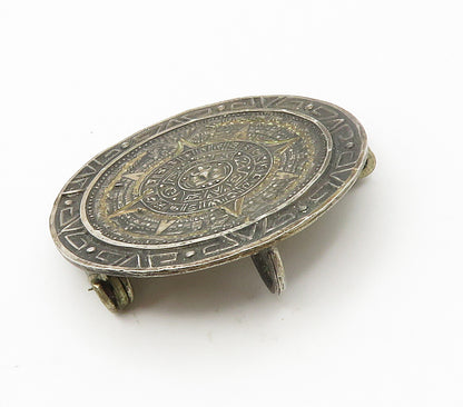 MEXICO 925 Sterling Silver  Vintage Mayan Aztec Sun Calendar Brooch Pin BP5849