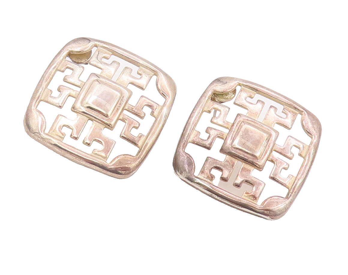 925 Sterling Silver Vintage Earrings Symmetrical Square Cutout Maze  EG12920