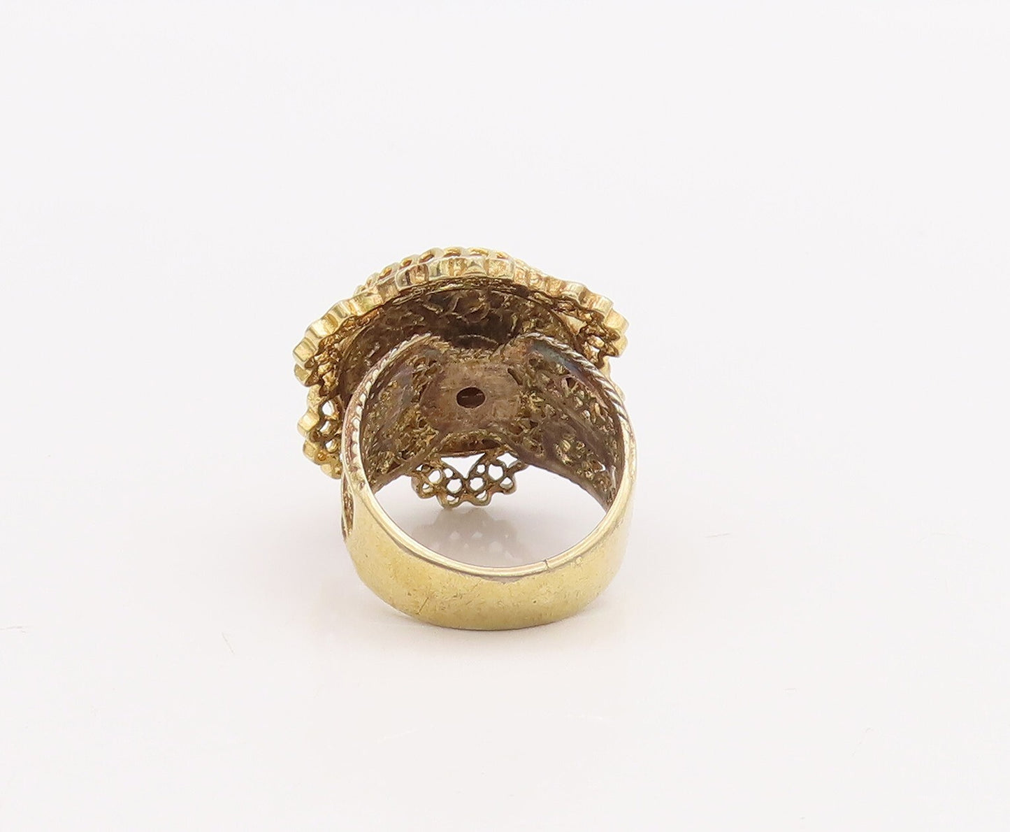 925 Sterling Silver Vintage Ring Gold Plated Enameled Floral Carved Sz 6 RG28865