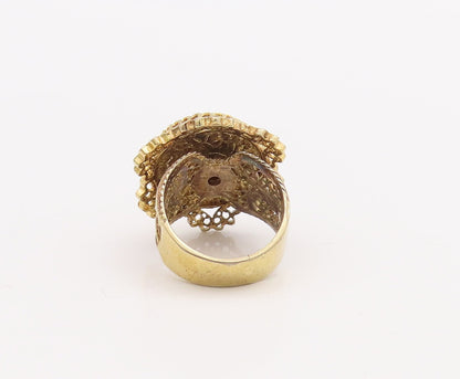 925 Sterling Silver Vintage Ring Gold Plated Enameled Floral Carved Sz 6 RG28865