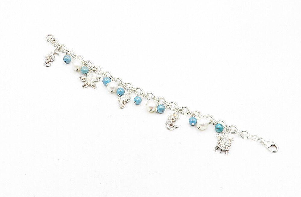 925 Sterling Silver  Pearl Beads Sea Charmed Twist Link Chain Bracelet  BT1725