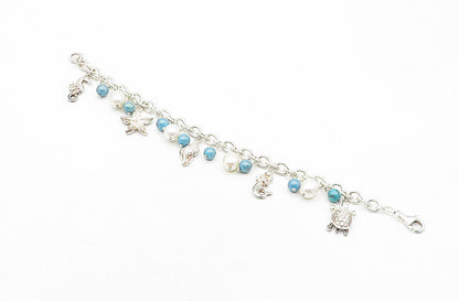 925 Sterling Silver  Pearl Beads Sea Charmed Twist Link Chain Bracelet  BT1725