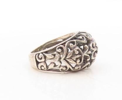 925 Sterling Silver Vintage Ring Dark Tone Swirly Floral Cutout  Sz 7.5  RG31101