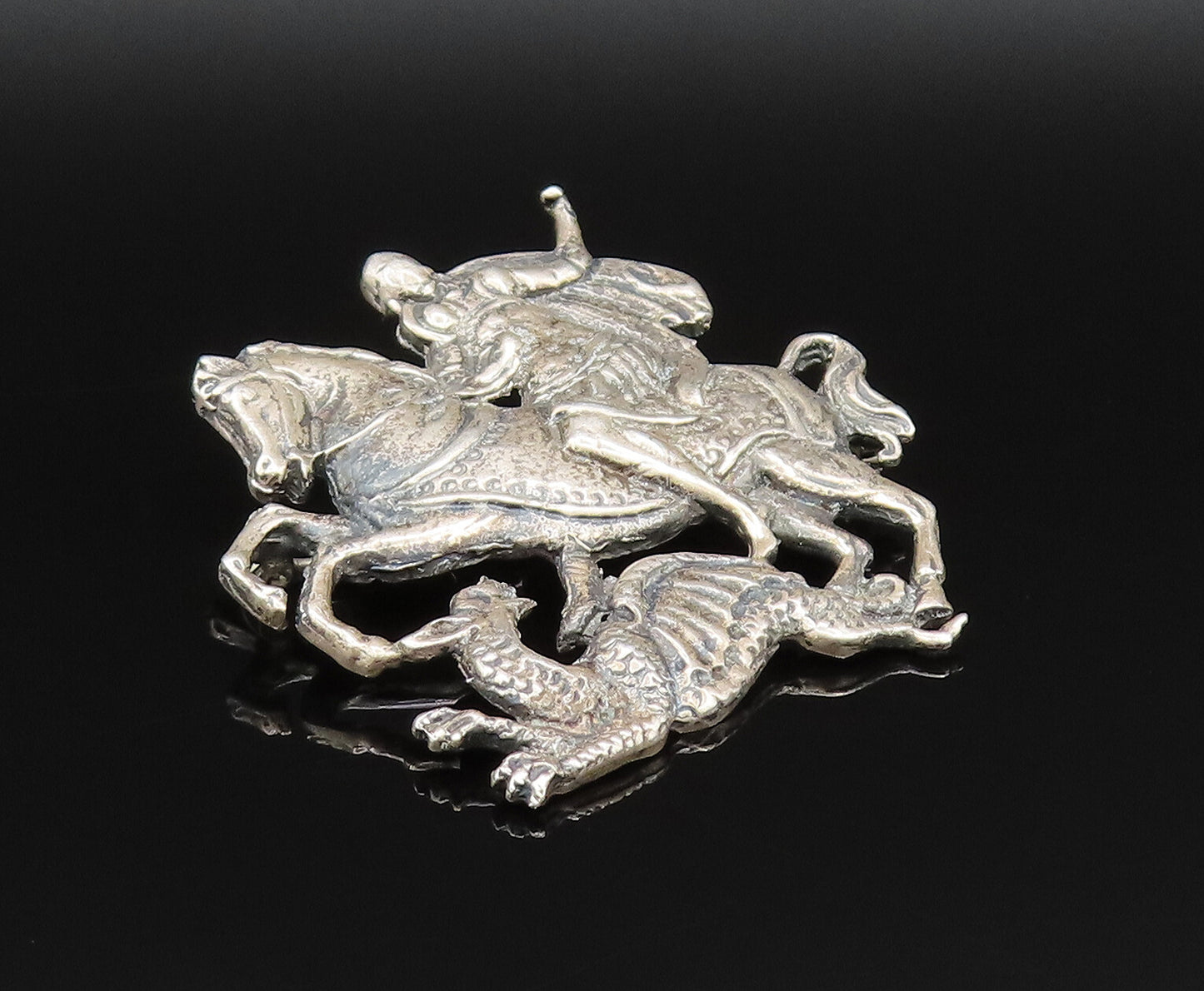 CINI 925 Silver  Vintage Antique Saint George & The Dragon Brooch Pin  BP9660
