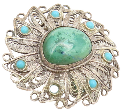 ISRAEL 925 Silver  Vintage Antique Filigree Turquoise Brooch Pin  BP10308