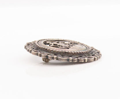 925 Sterling Silver Vintage Brooch Pin Antique Carved War Landscape  BP10887