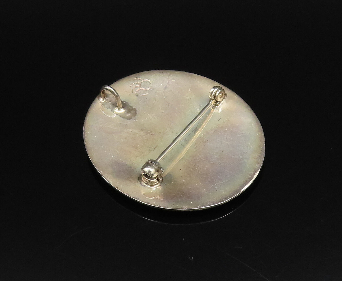 ZUNI NAVAJO 925 Silver  Vintage Carved Warrior Round Brooch Pin  BP10044