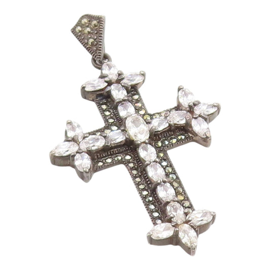 925 Sterling Silver Vintage Pendant Oval Cut CZ & Marcasite Holy Cross  PT26115
