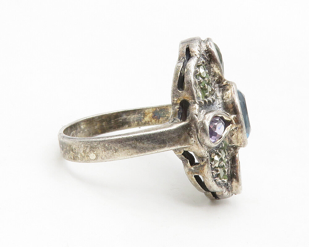 925 Silver Vintage Amethyst Peridot & Multi Stone Cocktail Ring Sz 5 RG13907