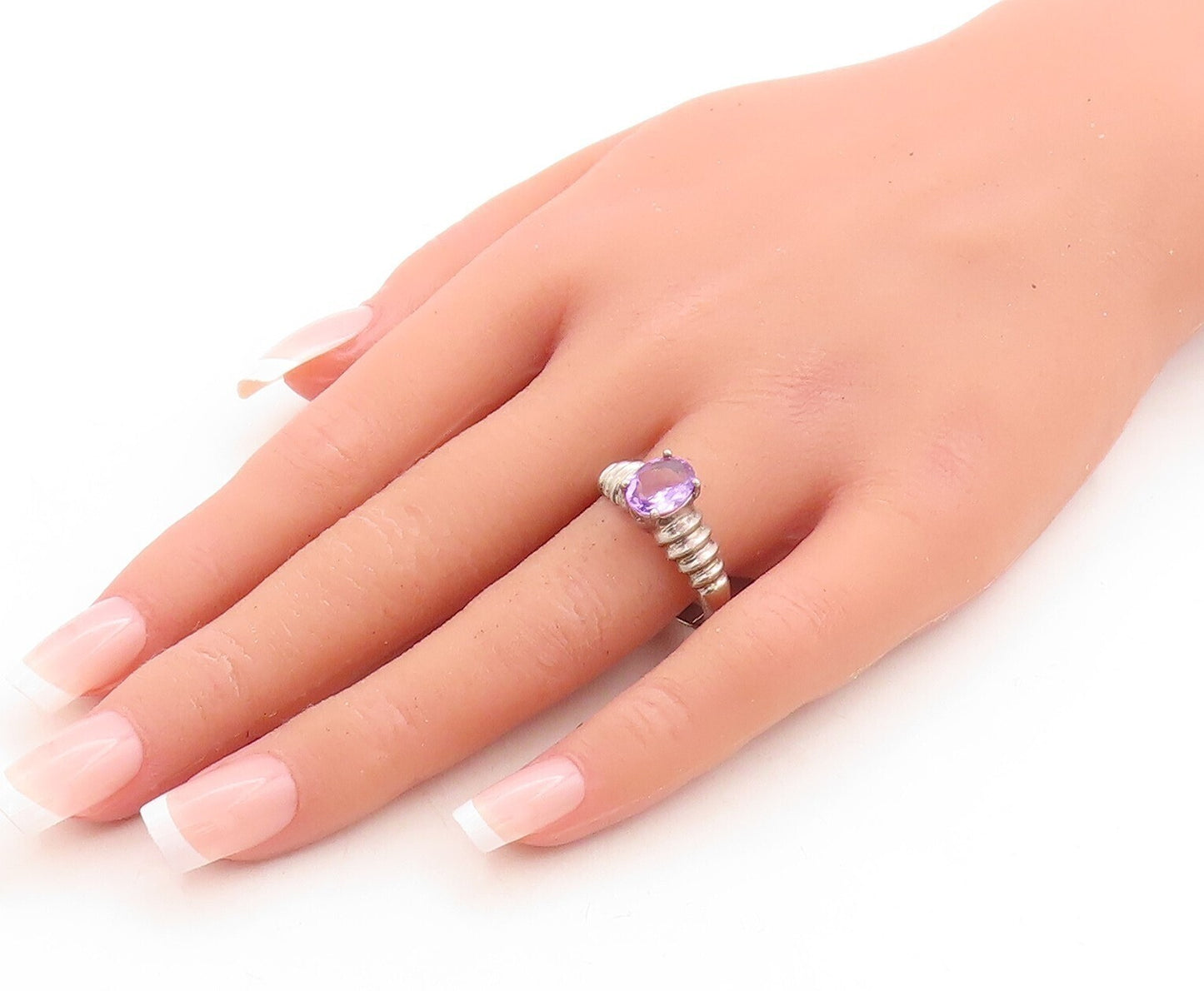925 Sterling Silver Vintage Ring Dark Tone Grooved Oval Amethyst  Sz 10  RG31541