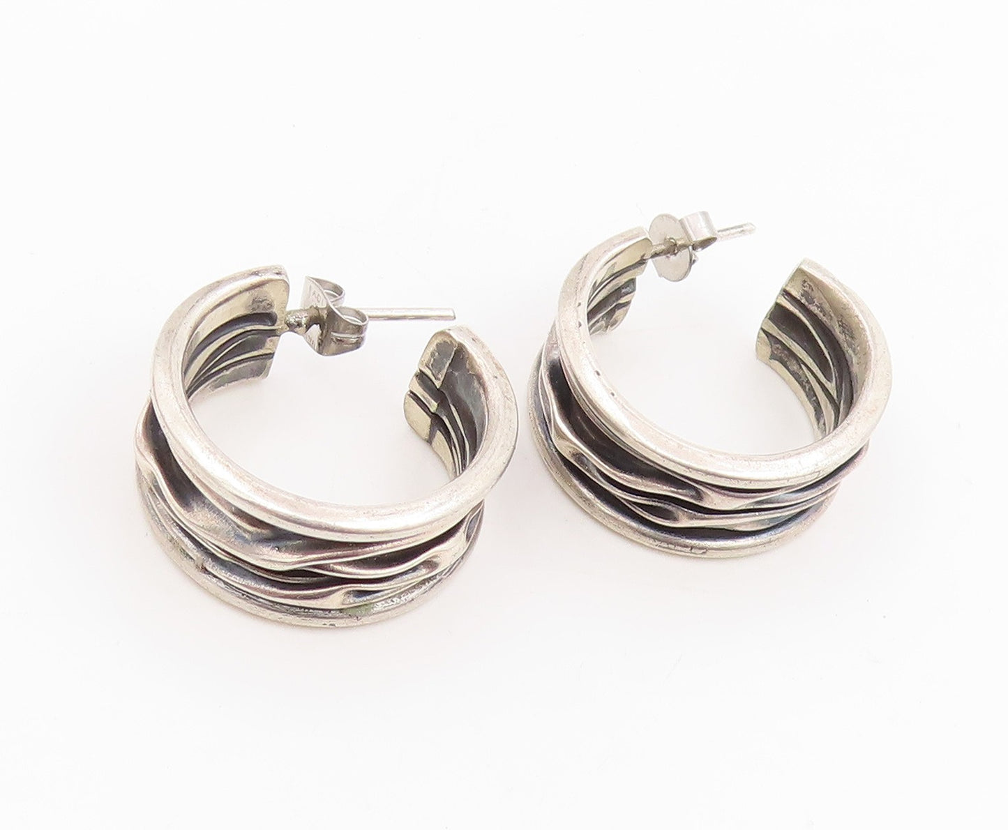 925 Sterling Silver Vintage Earrings Modernist Wavy Ribbed Wide Hoops  EG14108