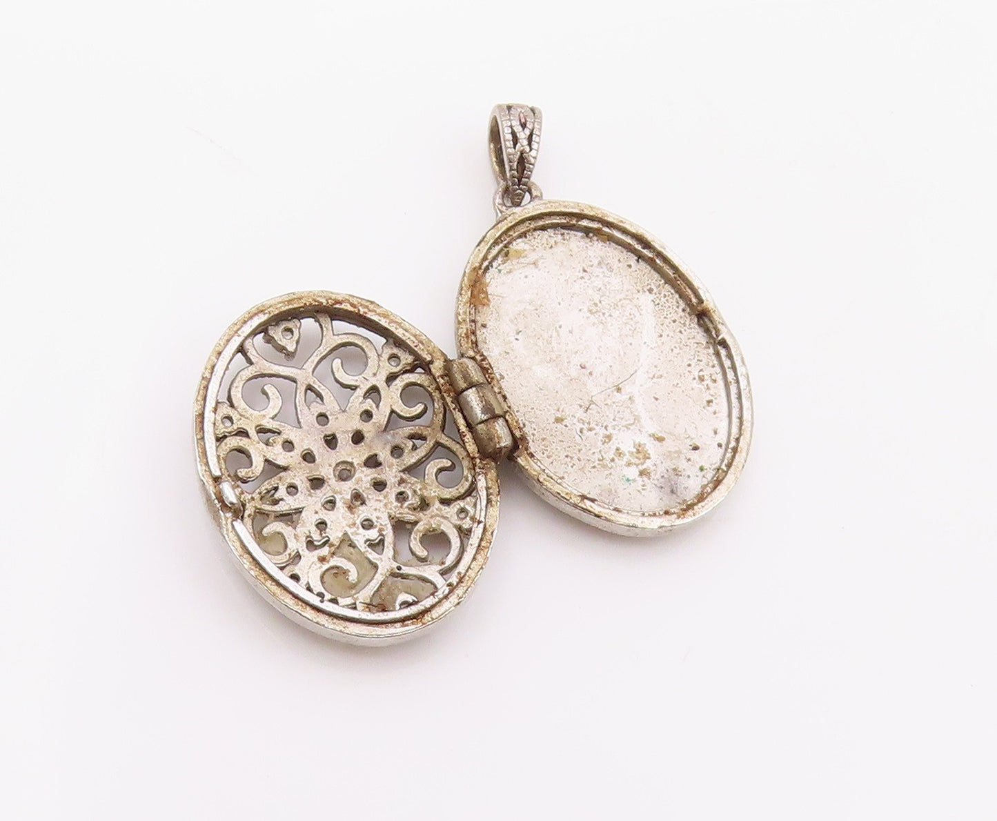 925 Sterling Silver Vintage Pendant CZ Floral Scrollwork Charm OPENS  PT25481