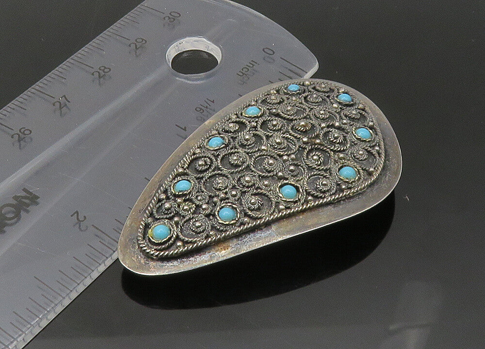 ISRAEL 925 Silver  Vintage Antique Turquoise Ornate Twist  Brooch Pin  BP8690