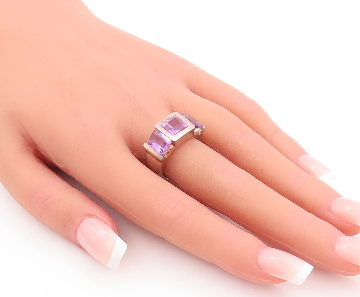 925 Sterling Silver Vintage Ring Square Cutout Inlay Amethyst  Sz 7  RG28774