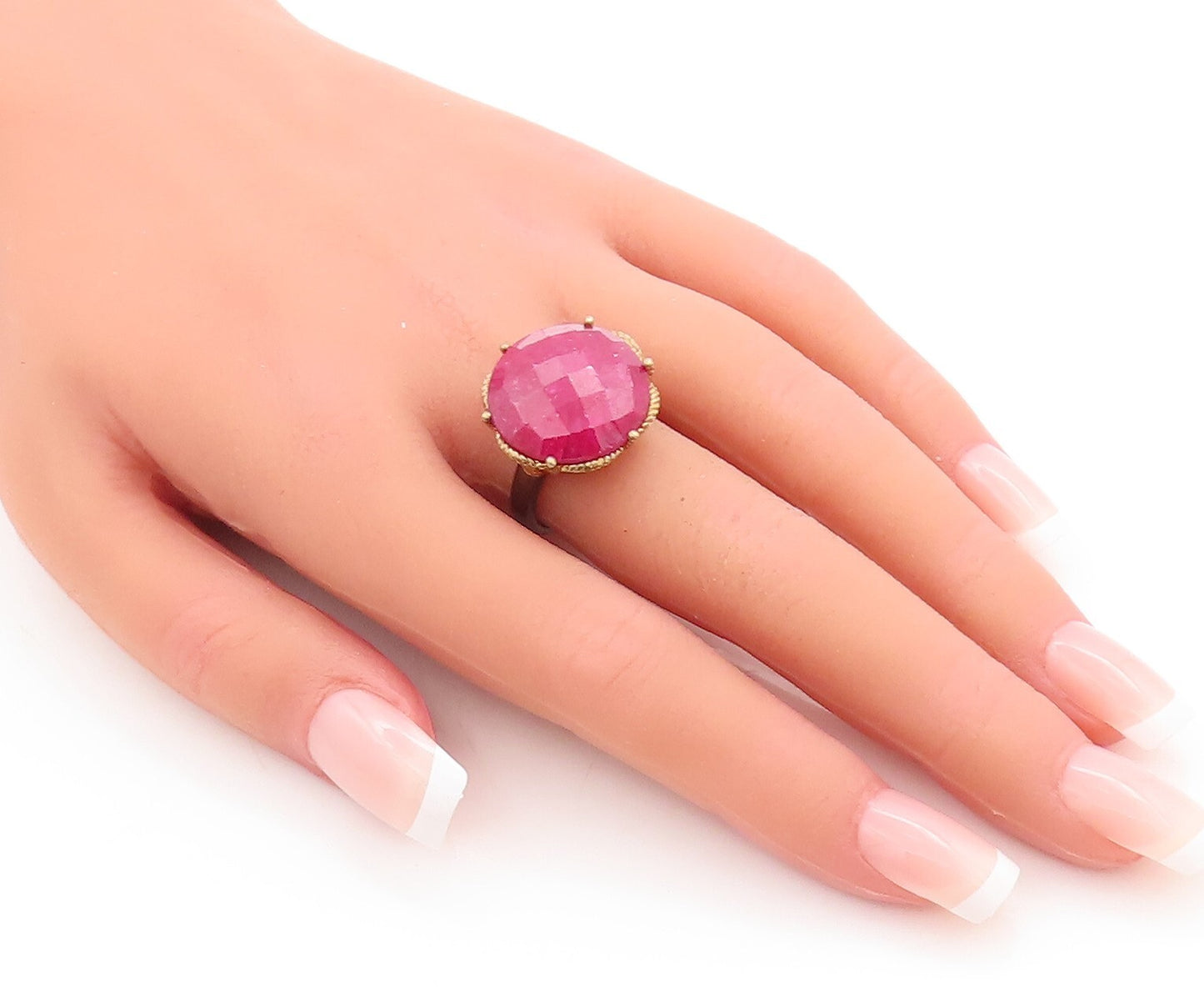 925 Sterling Silver Vintage Ring Gold Plated Large Round Gemstone Sz 7.5 RG29510