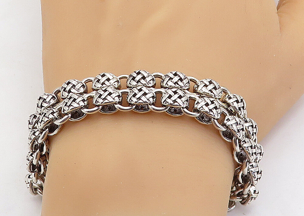 925 Sterling Silver  Vintage Shiny Basket Weave Link Chain Bracelet  BT2114