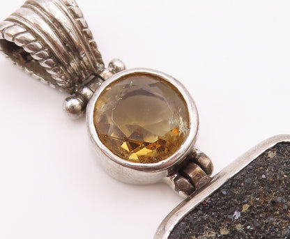 925 Sterling Silver  Vintage Amethyst Citrine & Druzy Hinge Pendant  PT17992
