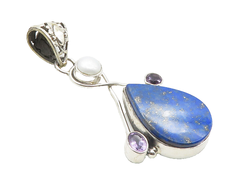 925 Sterling Silver  Vintage Lapis Lazuli Pearl & Amethyst Pendant  PT7701