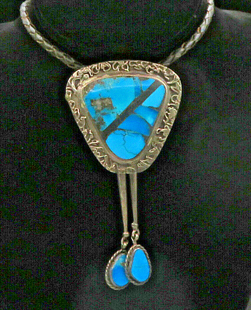 L. BURNSIDE NAVAJO 925 Silver  Vintage Turquoise Leather Rope Necklace  NE2243