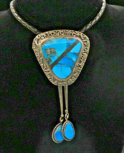 L. BURNSIDE NAVAJO 925 Silver  Vintage Turquoise Leather Rope Necklace  NE2243