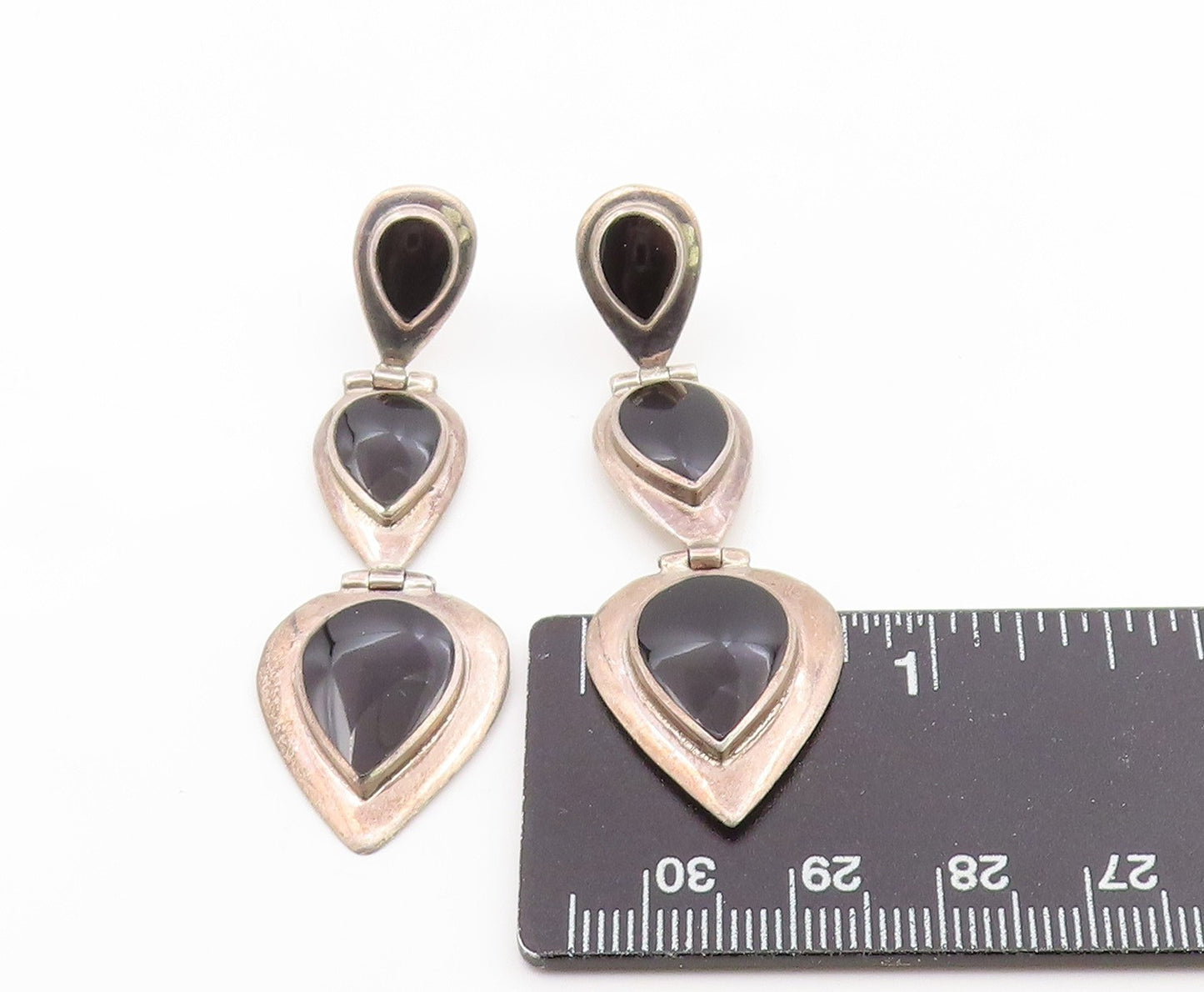 925 Sterling Silver Vintage Earrings Cabochon Black Onyx Teardrop Dangle EG14209